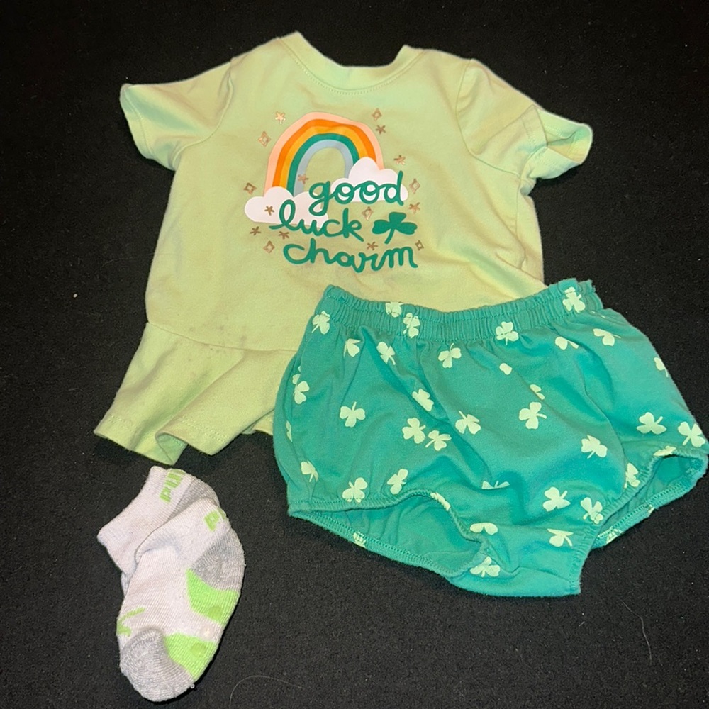 Good luck charm shamrock shorts, shirt, and socks set